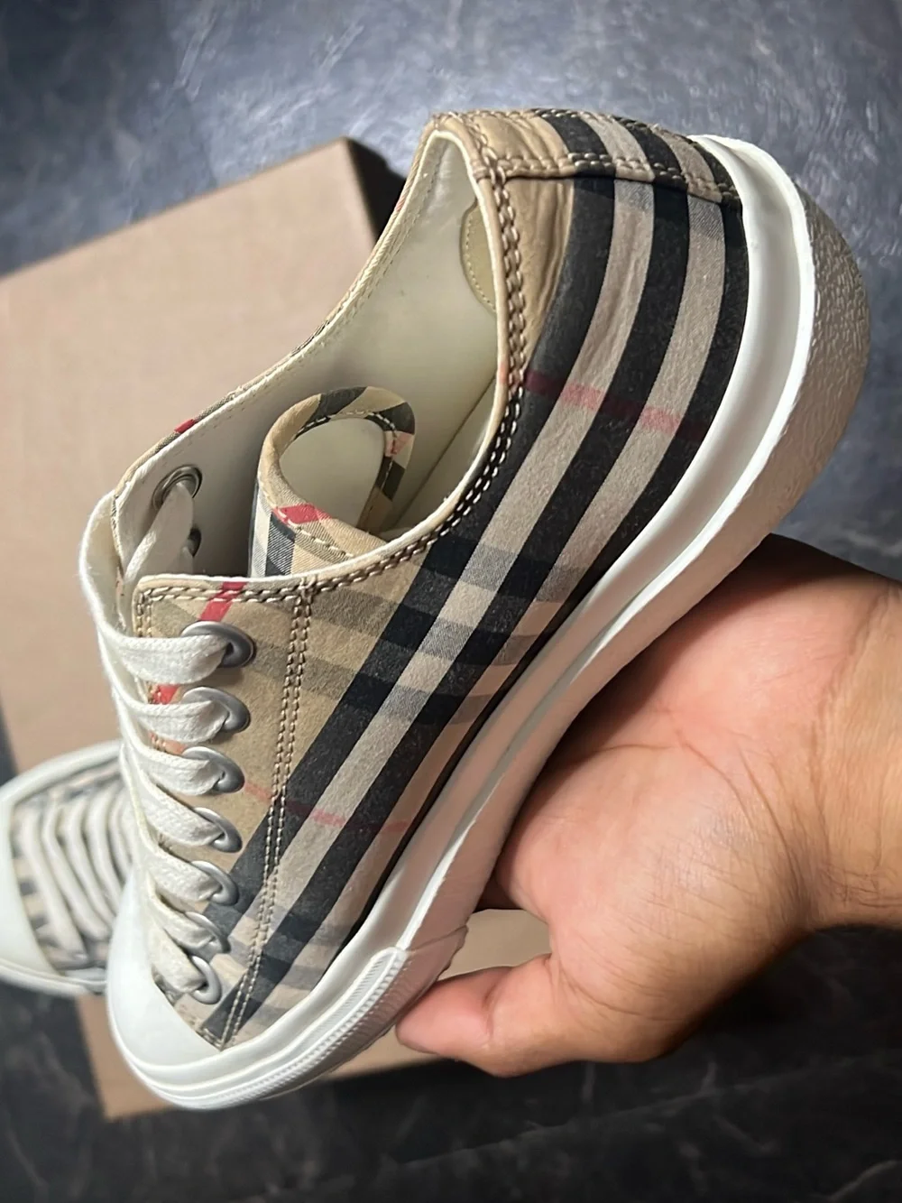 Burberry Beige Check Logo Low-Top Sneakers